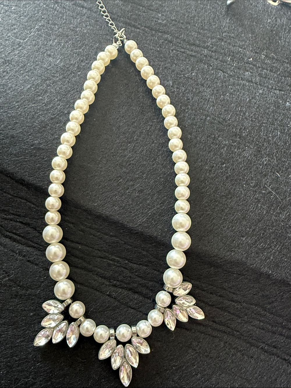 Pearl Collar Necklace with Clear Crystal Marquise Accents - White